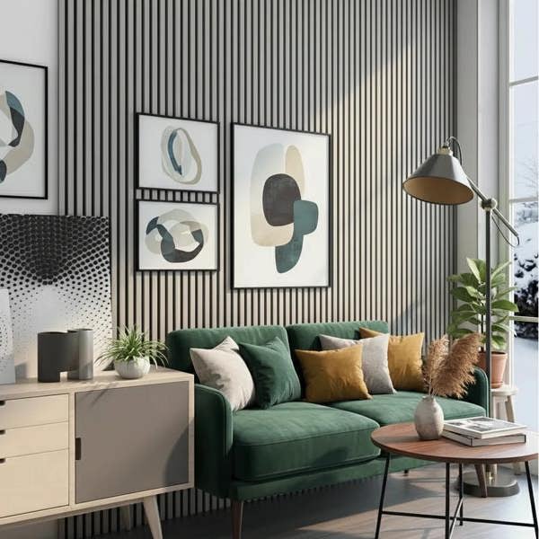Modern living room with a green sofa, abstract art, and decorative elements with Grey Oak acoustic slatted panels.