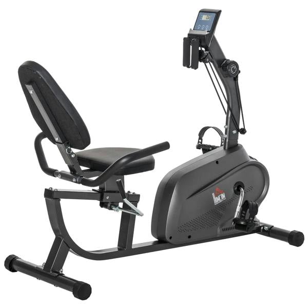 Black recumbent exercise bike with padded seat, backrest, handlebars, and LCD console