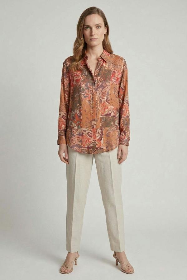 Orange | Paisley Patchwork Long Sleeve Shirt
