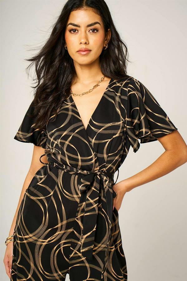 FS Collection Abstract Line Print Wrap Top Jumpsuit In Black