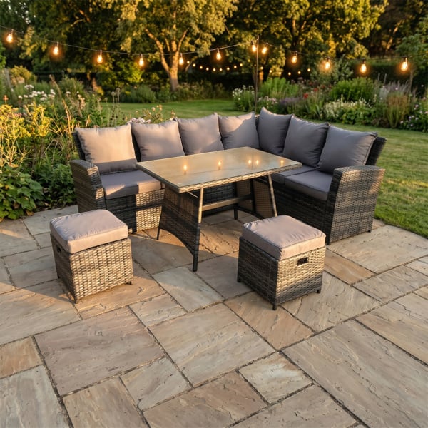 Fimous 7 Seater High Back Rattan Corner Sofa Set with Dining Table - Right Option - Dark Grey Mixed 