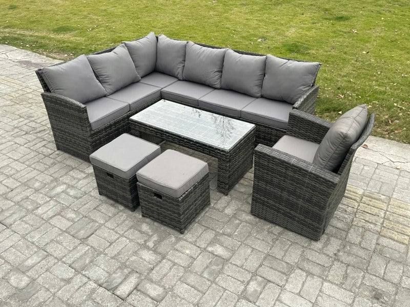 Fimous 9 Seater Outdoor Rattan Garden Furniture Set Corner Sofa Oblong Coffee Table Sets with Patio 2 Small Footstools Armchair Dark Grey Mixed