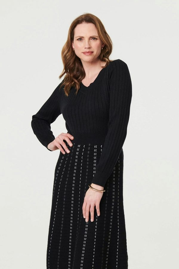 Black | Striped Long Sleeve Midi Knit Dress