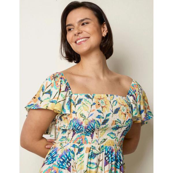 Blue Vanilla Frill Sleeveless Tropical Floral Print Dress