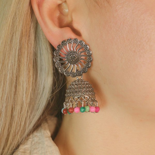 The Colourful Aura Small Bohemian Floral Indian Oxidised Boho Indian Asian Bridal Drop Jhumkis