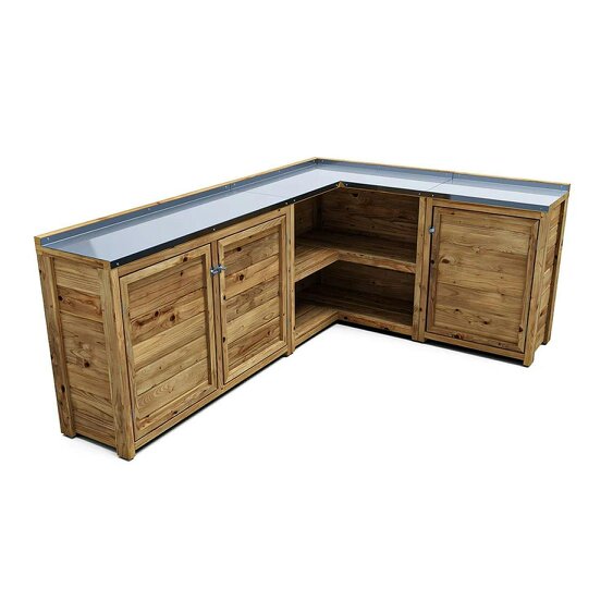 Dunster House Wooden Garden Kitchen Unit L-Configuration With Stainless Steel Countertop, W2m x D1.5m / W7' x D5