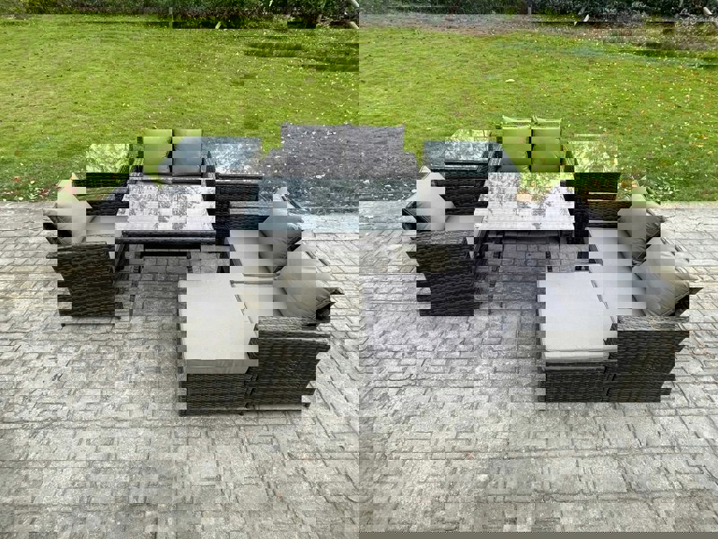 Fimous Wicker PE Rattan Garden Dining Set - Dark Grey Mixed Outdoor Sofa with Rectangular Dining Table & Big Footstool