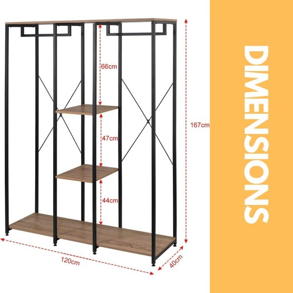 Rafaelo Mobilia Industrial Metal Open Wardrobe With Wooden Shelves