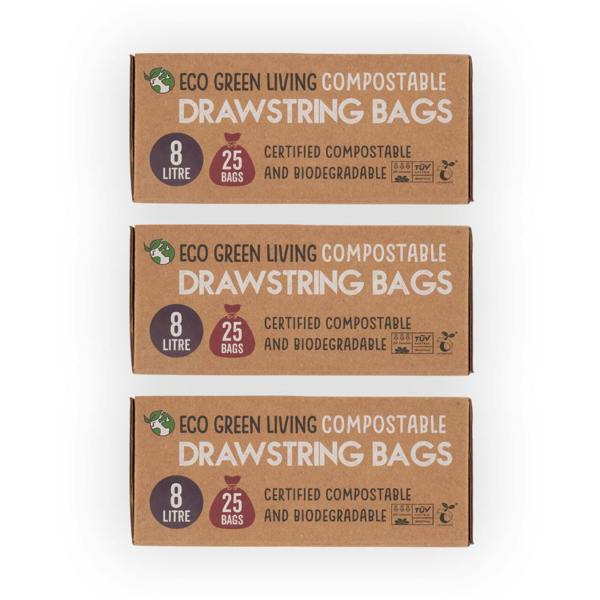 Eco Green Living 8L Draw string compostable bags (25) x 3, 75 bags