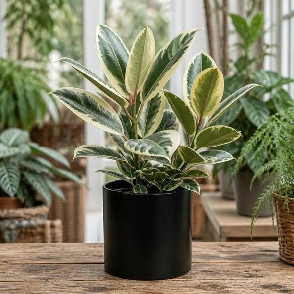 Ficus Tineke Rubber Plant – Elegant Variegated Green and Cream Indoor Houseplant - Sofia Matt Black Ceramic