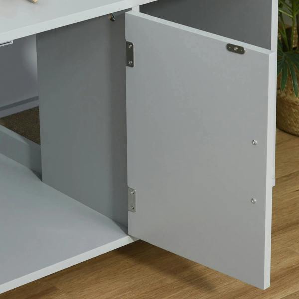 Grey wooden cat litter box enclosure door with hinges and magnetic closure hardware