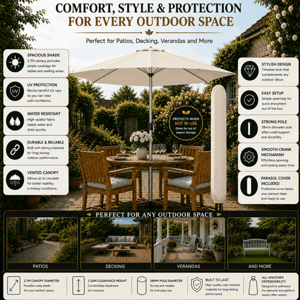 GlamHaus Tilting Garden Parasol Table Umbrella 2.7M with Crank Handle, UV40 Protection, Includes Protection Cover - Cream