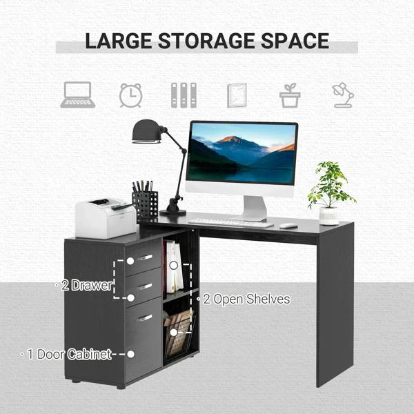 Black L-shaped desk with 2 drawers, door cabinet, and open shelves for study space