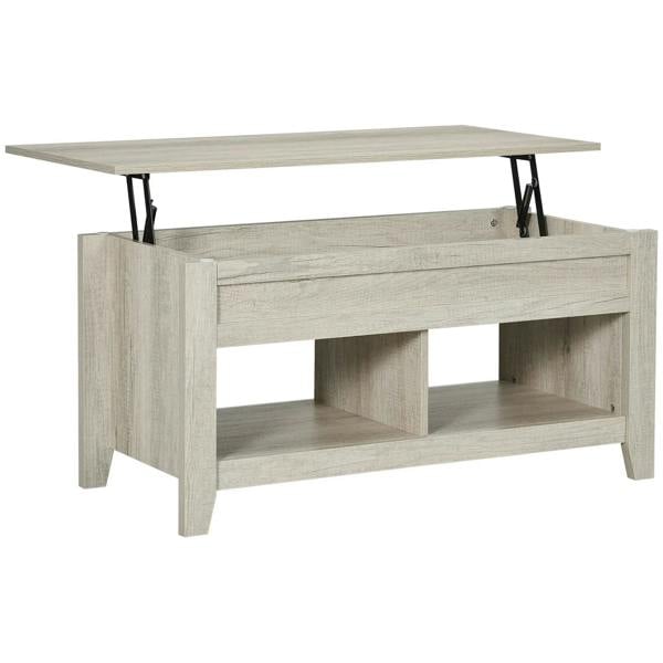 Lift-top coffee table with light oak-effect finish and open lower shelves, side supports