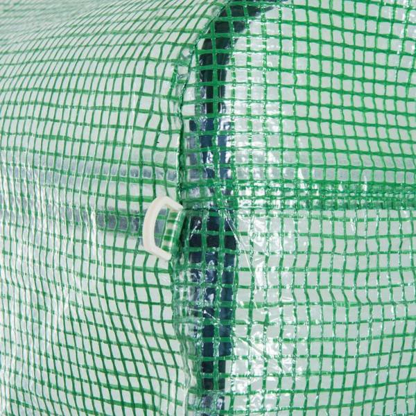 Green greenhouse tent mesh panel with tied attachment and reinforced edge stitching
