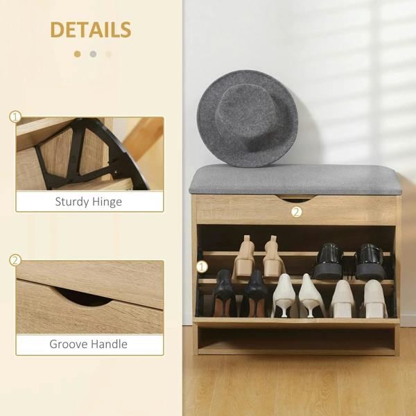 Shoe storage bench with gray seat cushion, groove drawer handles, natural wood