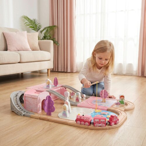 AIYAPLAY Wooden Train Set, Castle Railway Toy Gift for Girls Ages 36M+