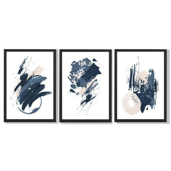 Abstract Set of 3 Minimal Blue Oil Painting Framed Art Prints with Black Wooden Frames