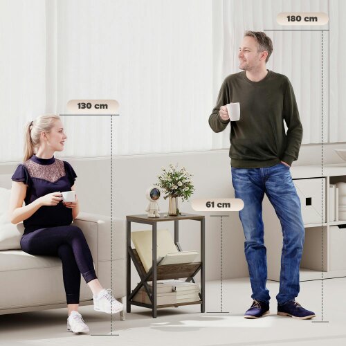 Wyld Haus Elfi Nere Wooden Oak Narrow Side Table With 3 Tier Storage and V Shaped Magazine Holder 40 x 30 x 61 cm
