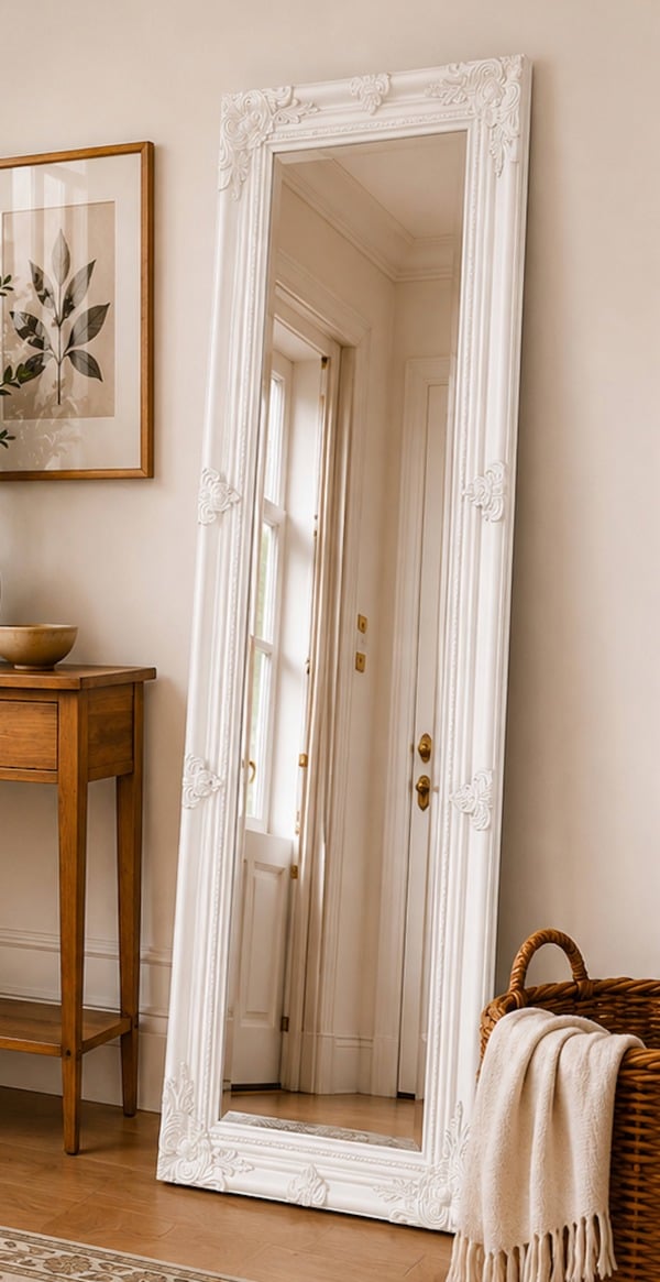 Downton Interiors Antique Style Plain White Tall Ornate Dressing Wall Mirror with Bevelled Glass 142cm