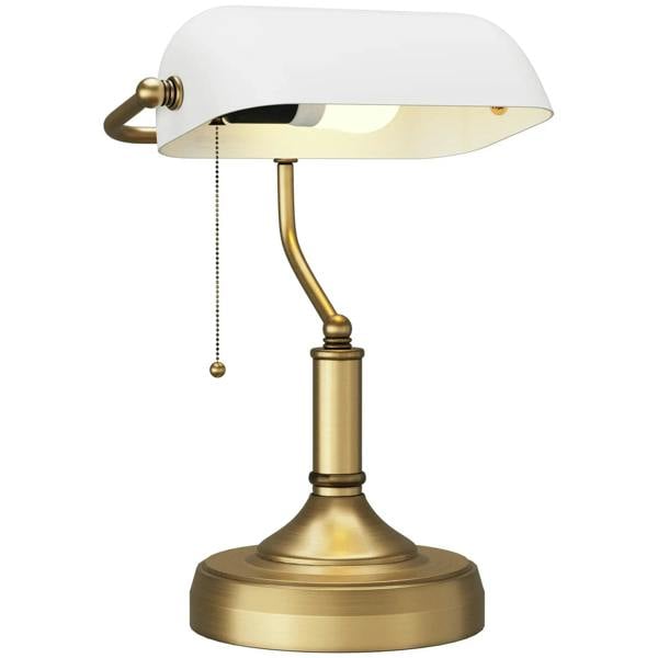 Banker's desk lamp with white glass shade and antique bronze base, pull chain
