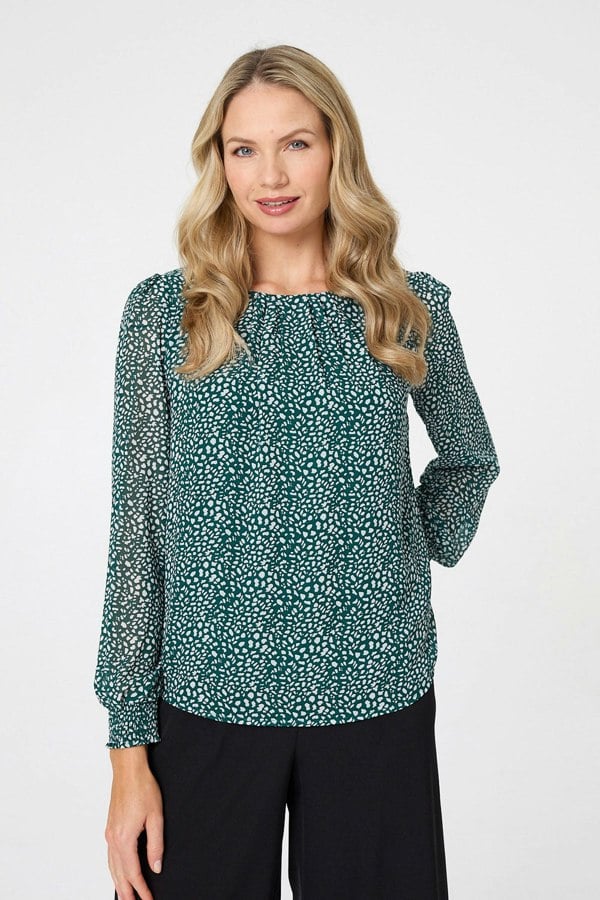 Teal | Printed Long Sleeve Semi Sheer Blouse
