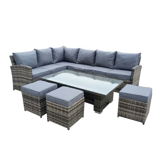 Furniture One 9 Seater Rattan Patio Dining Table Set with Table, Padded Corner Sofa, 3 Stool Outdoor Corner Sofa Set, All-Weather Patio Set