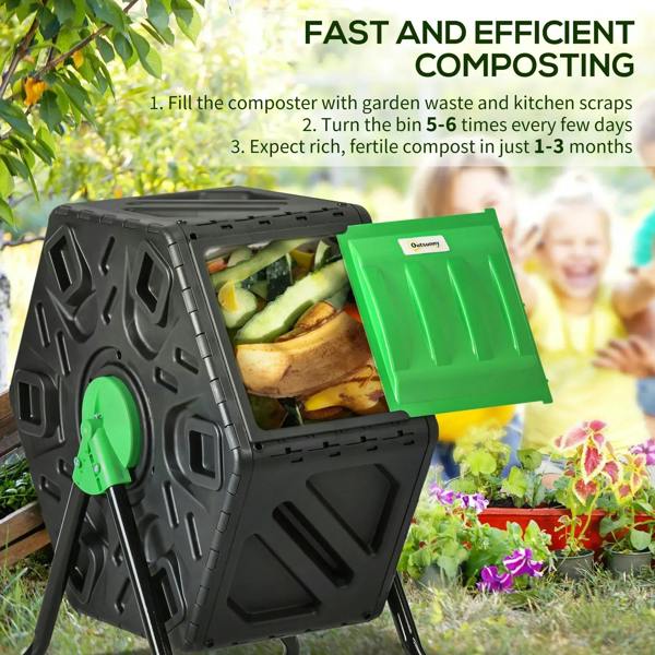 Green and black compost bin with open window showing food and garden scraps inside