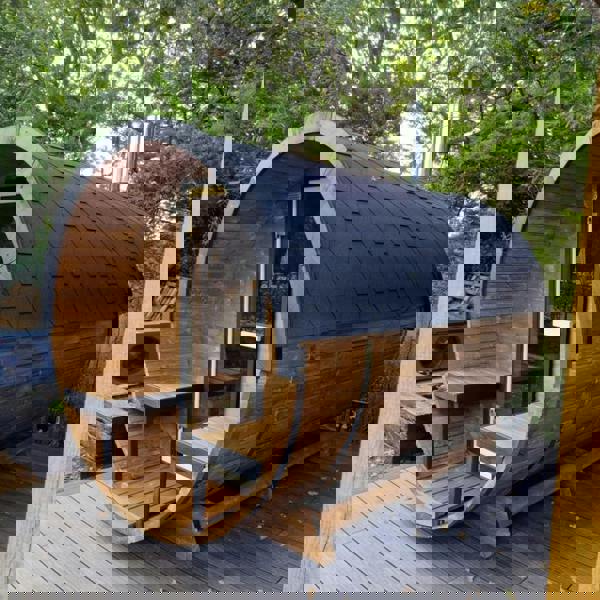 400cm Spruce Barrel Sauna | Thermowood | Terrace | Wood-Fired or Electric.