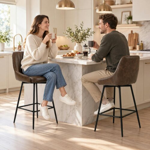 HOMCOM Vintage Bar Stools Set of 2, PU Leather, Footrest, Dark Brown