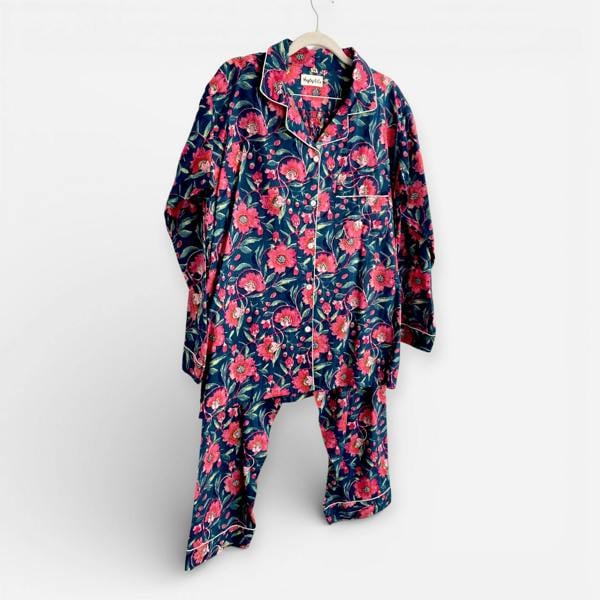 Hayley & Co Navy and Pink Block Print Floral 100% Cotton Long Pyjama Set