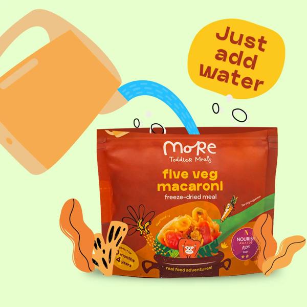 more toddler meal  'five veg macaroni' freeze-dried meal with a cartoon watering can and text 'Just add water' on a light green background.