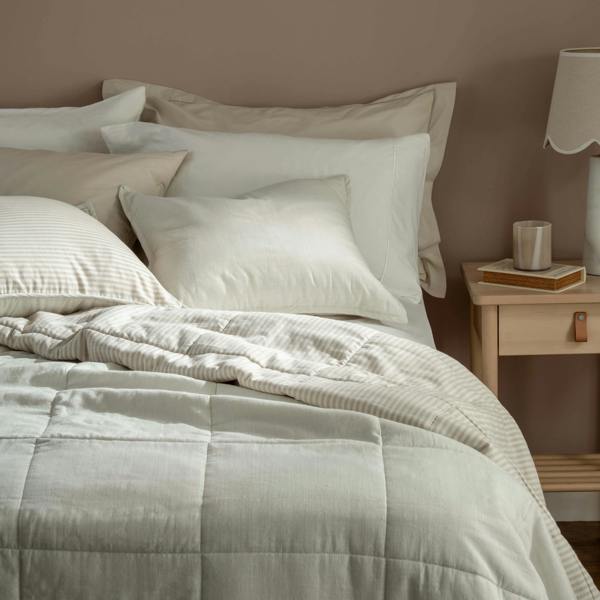 Natural Linen Look Bedspread & Cushion Bundle - striped, styled in a bedroom 1 | Soak and Sleep