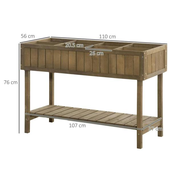 Brown wooden raised herb planter with 2-tier frame and eight inner planting compartments