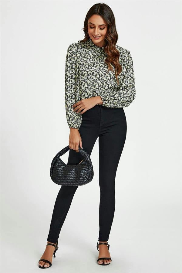 FS Collection Multi Floral Print Frill Detail High Neck Top In Yellow