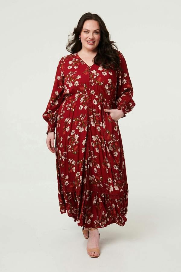 Izabel London Curve Floral Shirred V-Neck Maxi Dress