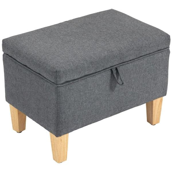 Charcoal gray linen storage ottoman footstool, padded top with storage and wooden legs