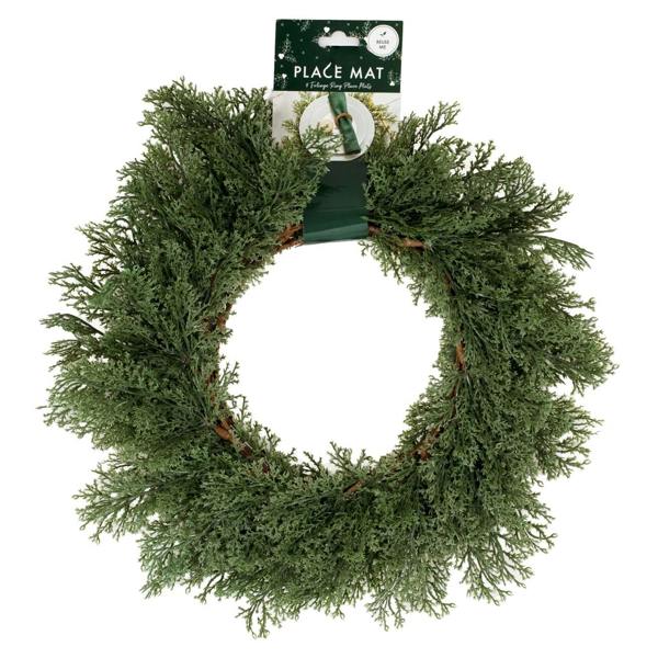 Set of four evergreen foliage ring place mats in original recyclable packaging.