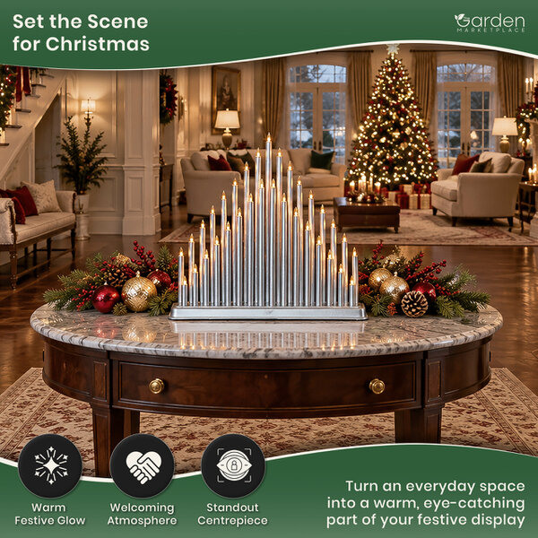 Thirty-Three Light Silver Christmas Candlebridge Tower, Metallic Finish Window Decoration with Cable and Plug, Supplied Complete, No Assembly Required