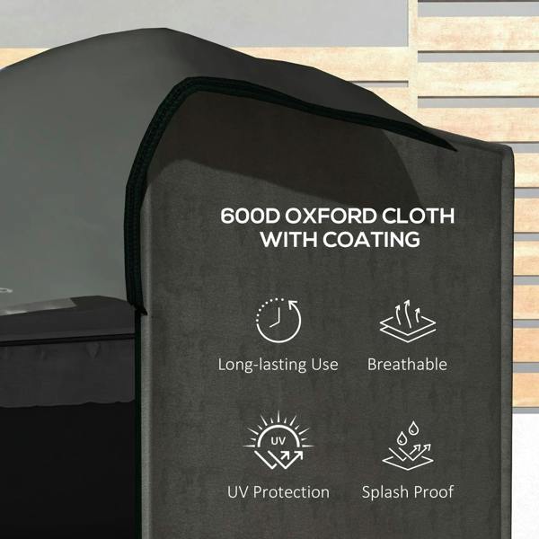 Dark grey swing chair cover close-up with UV protection and splash-proof coating icons