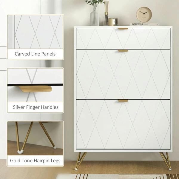 White shoe cabinet front with carved diamond panels, silver finger handles, and gold legs