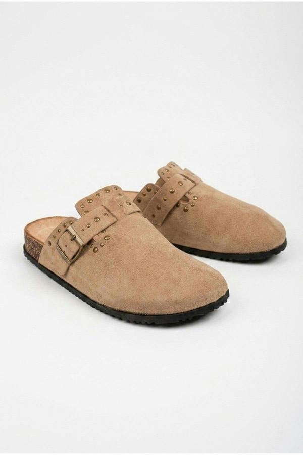Demi Womens Studded Buckle Clog Mules - Khaki
