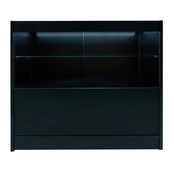Sleek black Andromeda LED shop counter set featuring a glass shelf and illuminated back panel, perfect for retail displays