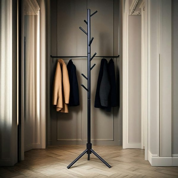 Rafaelo Mobilia Wooden Adjustable Coat Stand With 8 Hooks Black