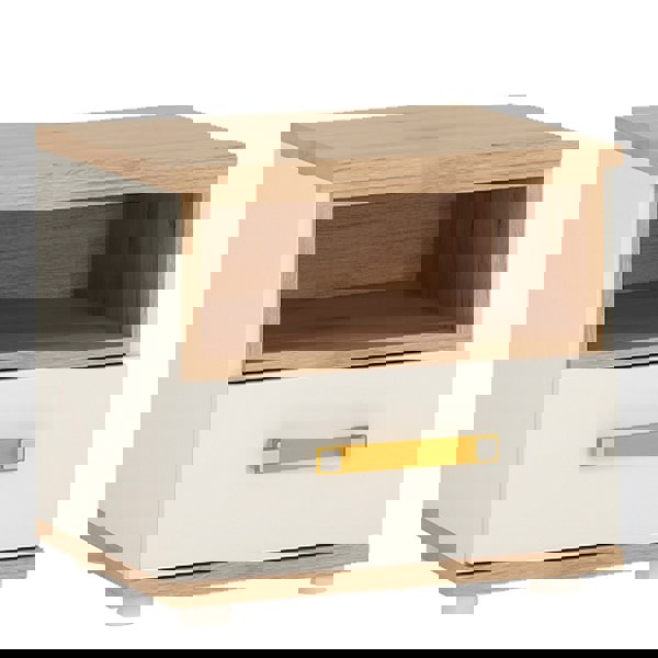 Furniture To Go 4Kids 1 Drawer bedside Cabinet in Light Oak and white High Gloss (orange handles)