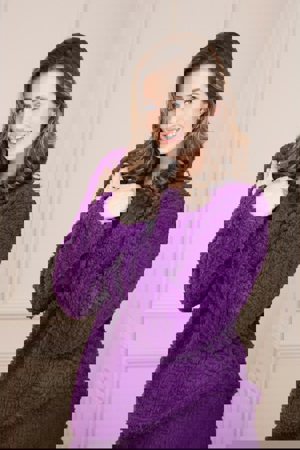 Camille Womens Purple Supersoft Fleece Textured Woven Pattern Pyjama Set