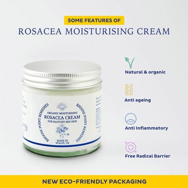 A jar of Rosacea Moisturising Cream with labels indicating it is an organic, natural, and vegan-friendly product made in the UK. It also highlights features such as being anti-aging, anti-inflammatory, and providing a free radical barrier.