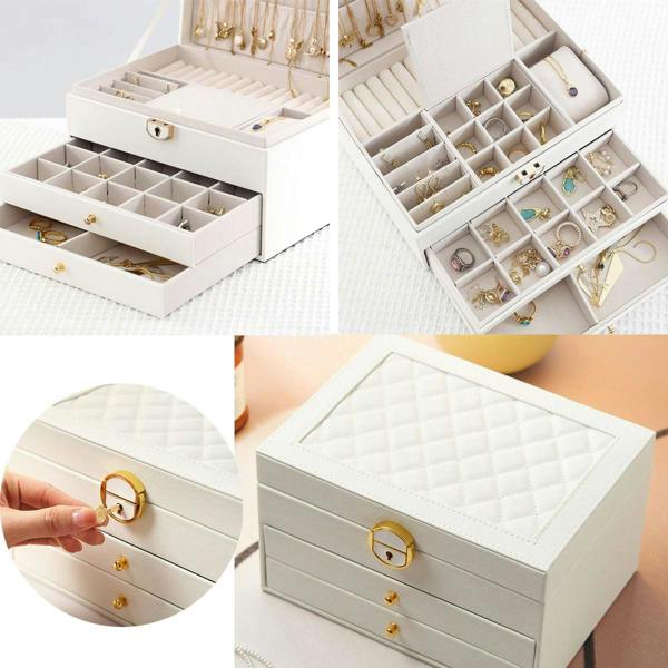 Dyzi 3 Layer PU Leather Jewellery Box Organiser with Drawers White