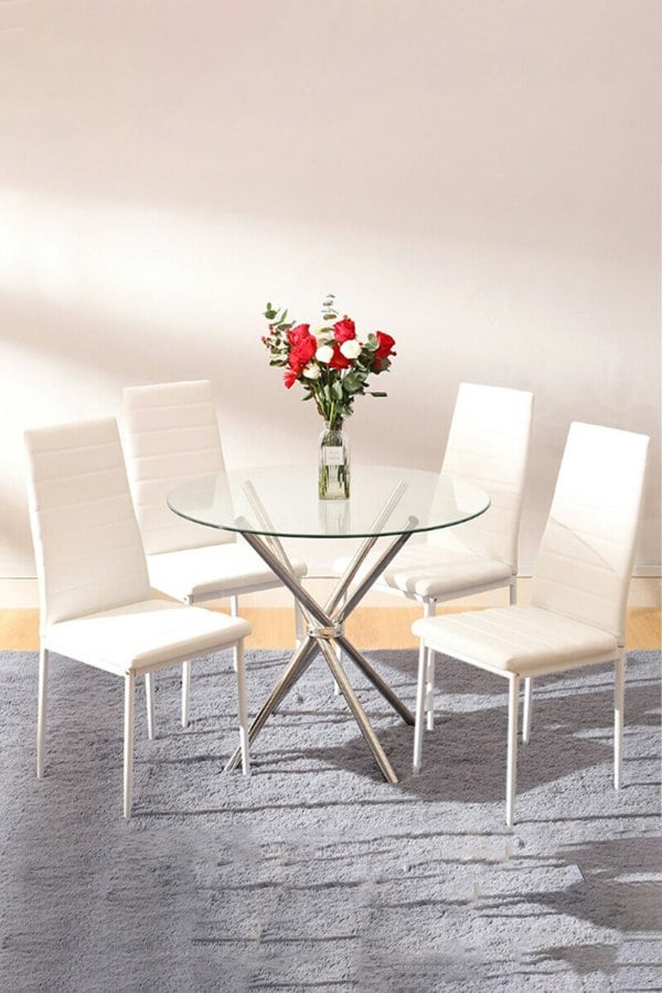 Living and Home 5pcs Dining Table Set of 4 Modern Faux Leather Dining Chairs and Tempered Glass Table