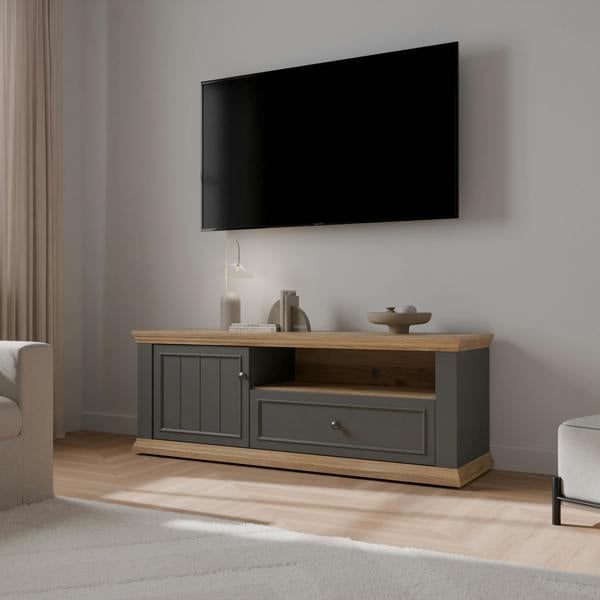 Furniture To Go Pontypool TV Unit with Drawer & Open Shelf in Grey and Mauvella Oak
